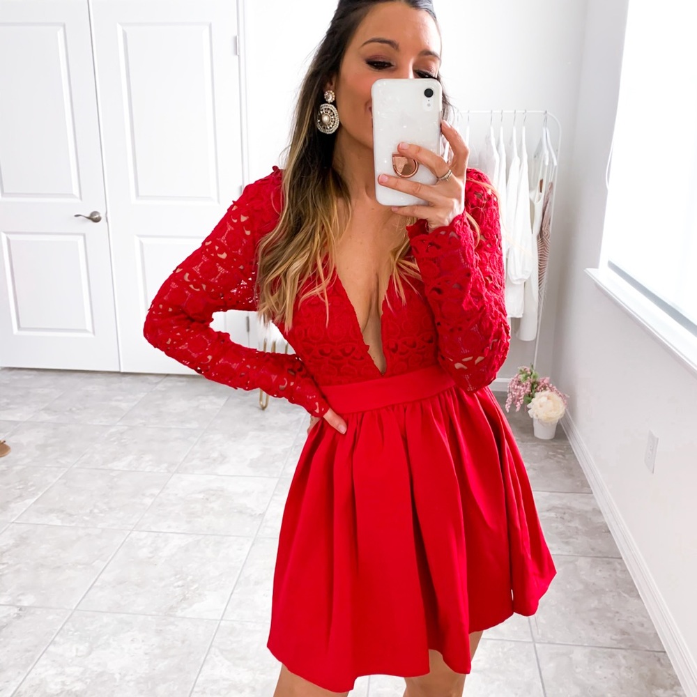 Red Plunge Guipure Lace Long Sleeve Skater Dress - Picture 9 of 16